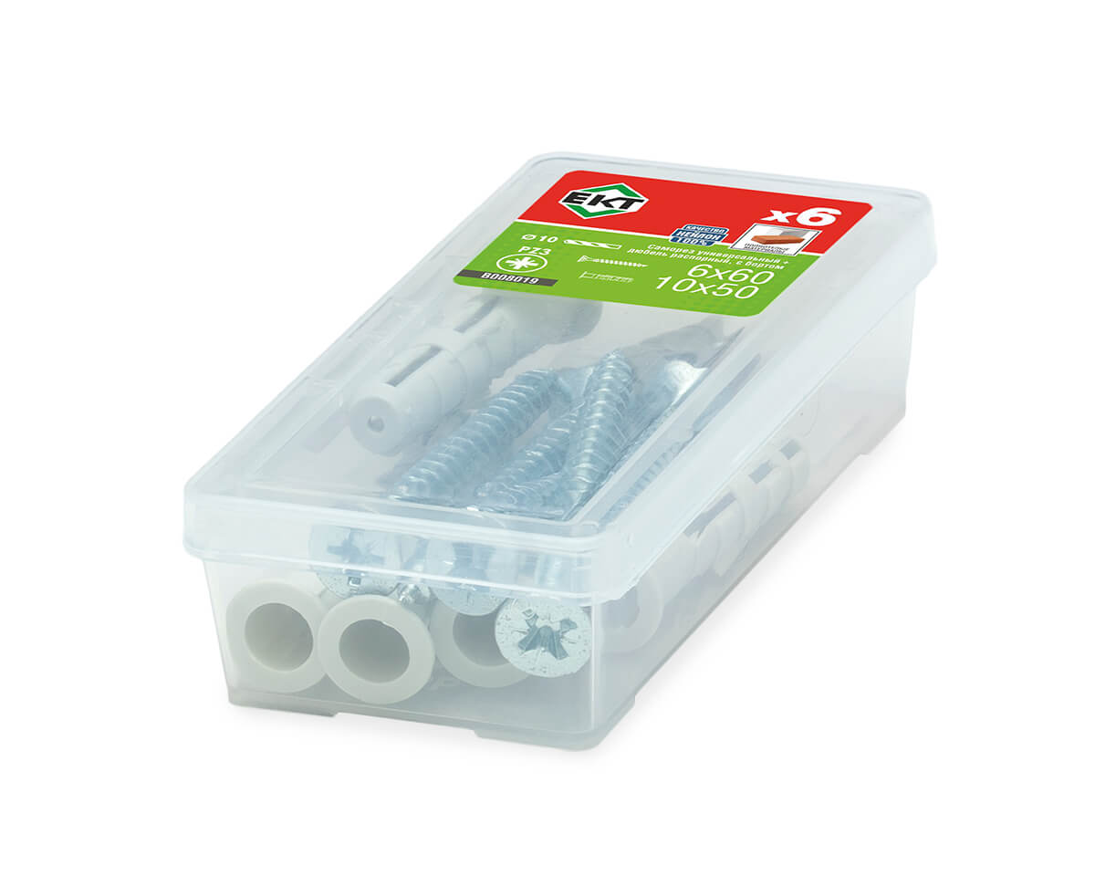 Саморез, белый цинк 6,0х60 + распорный дюбель с бортом KSD S 10х50, нейлон (упак/6шт)