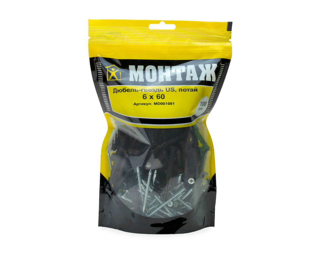 Дюбель-гвоздь US, 6x60 потай, п/в, МОНТАЖ (дой-пак L/100шт)