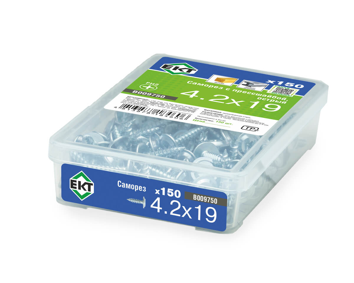 Саморез с прессшайбой, 4.2x19 острый, цинк,в пласт.контейнере, ЕКТ (упак/150шт)