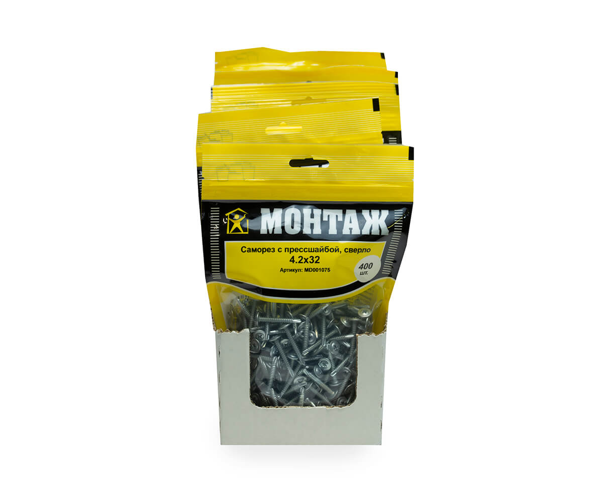 Саморез с прессшайбой 4.2x32, сверло, цинк, дой-пак L, МОНТАЖ (пакет/400шт)