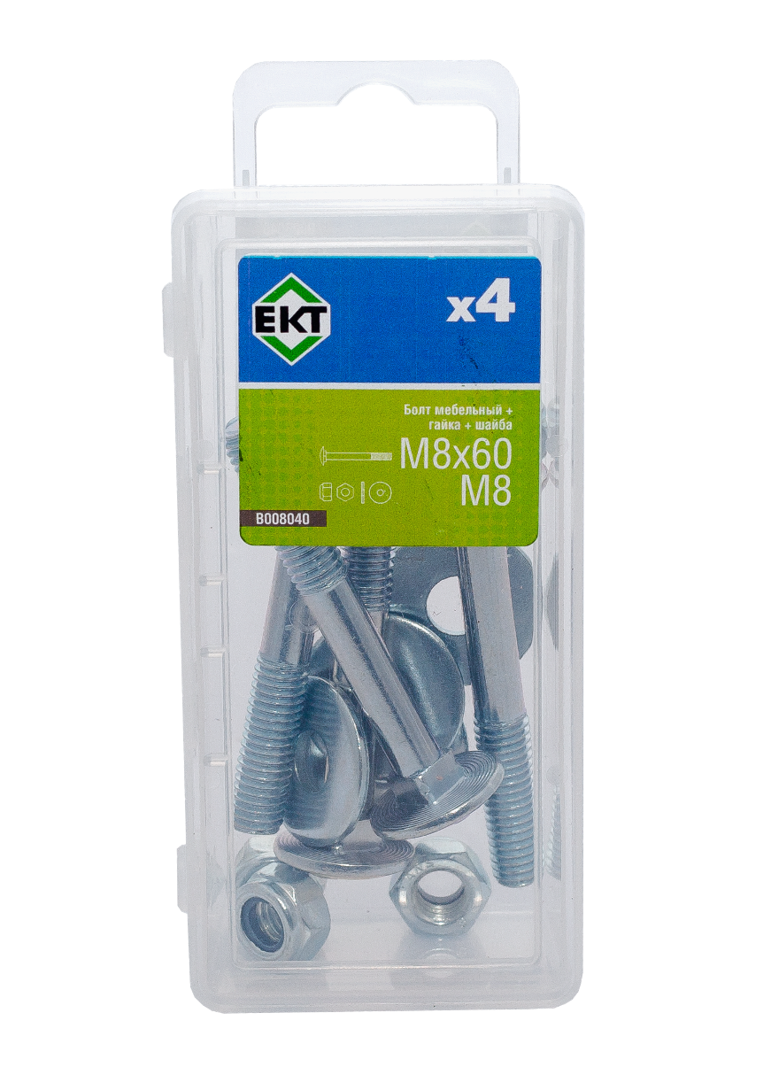 Болт меб. M8х60, DIN603 в компл. с гайкой с контр. кольцом и усил. шайбой М8, цинк (упак/4шт)