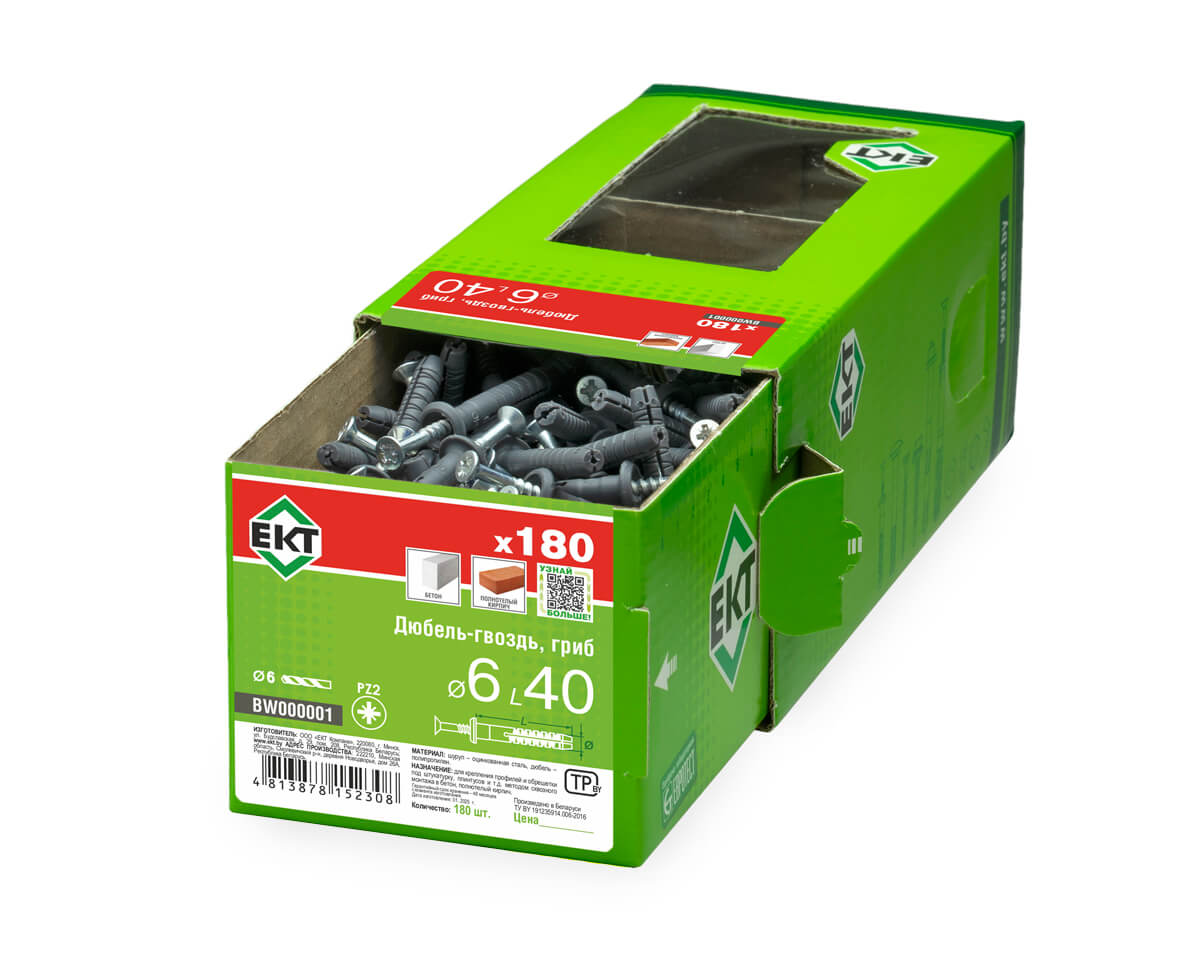 Дюбель-гвоздь GL, 6x40 гриб, п/п, ЕКТ (кор. с окном/180шт)