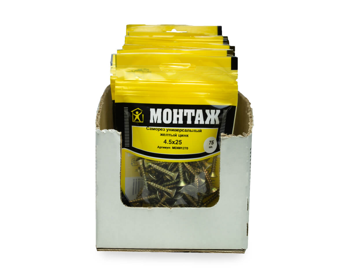 Саморез универсальный 4.5x25, желтый цинк, дой-пак S, МОНТАЖ (пакет/75шт)