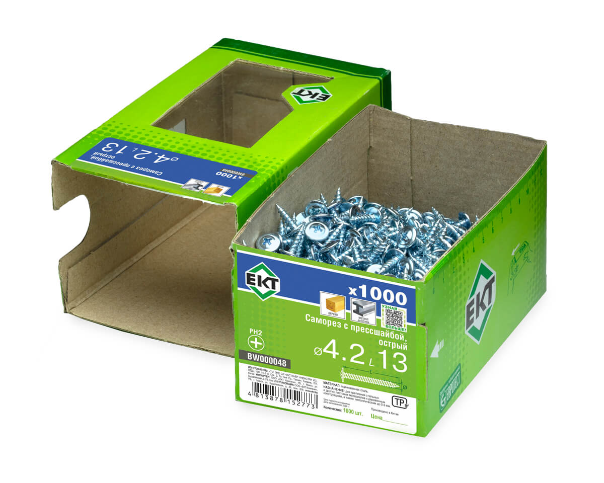 Саморез с п/ш 4.2х13 острый, цинк, в коробке с окном, ЕКТ (упак/1.000шт)