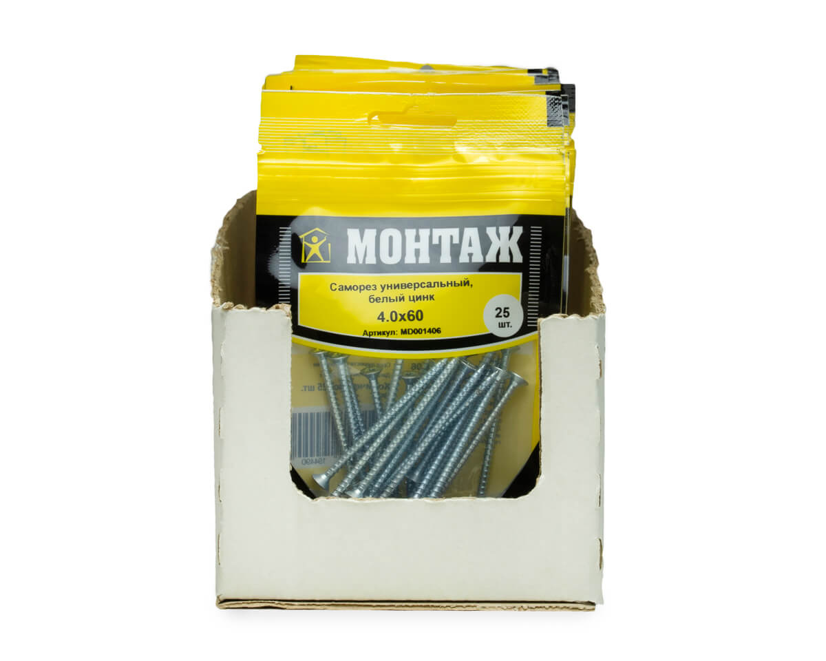 Саморез универсальный 4.0x60, белый цинк, дой-пак S, МОНТАЖ (пакет/25шт)