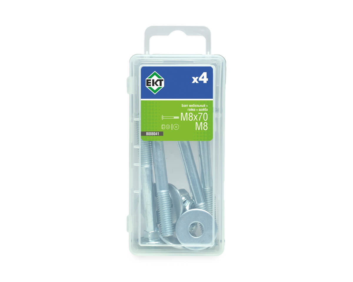 Болт меб. M8х70, DIN603 в компл. с гайкой с контр. кольцом и усил. шайбой М8, цинк (упак/4шт)