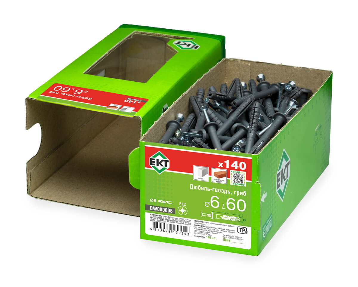 Дюбель-гвоздь GL, 6x60 гриб, п/п, ЕКТ (кор. с окном/140шт)