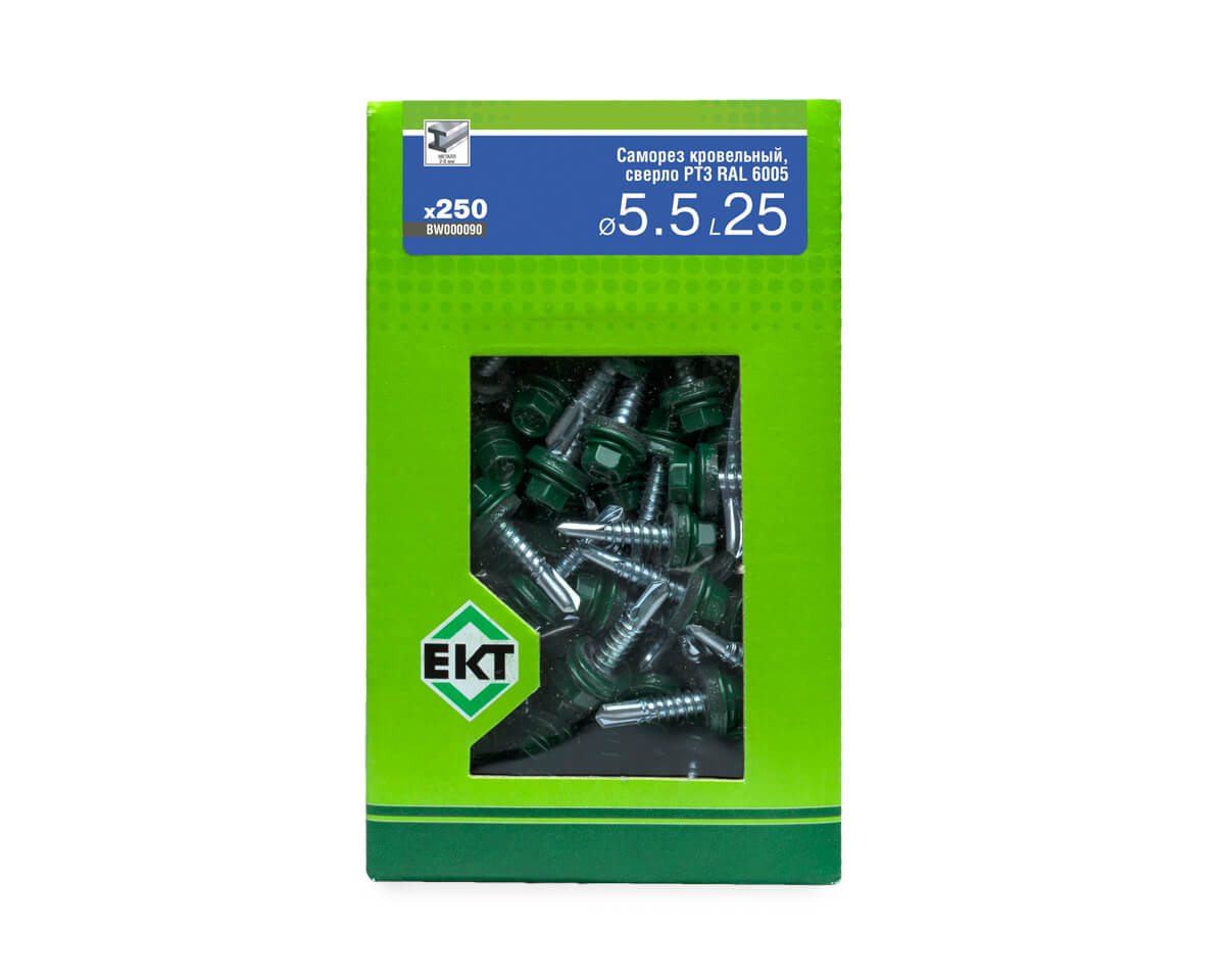 Саморез кровельный с резин. прокл. 5.5х25 сверло PT3, RAL 6005, в коробке с окном, ЕКТ (упак/250шт)