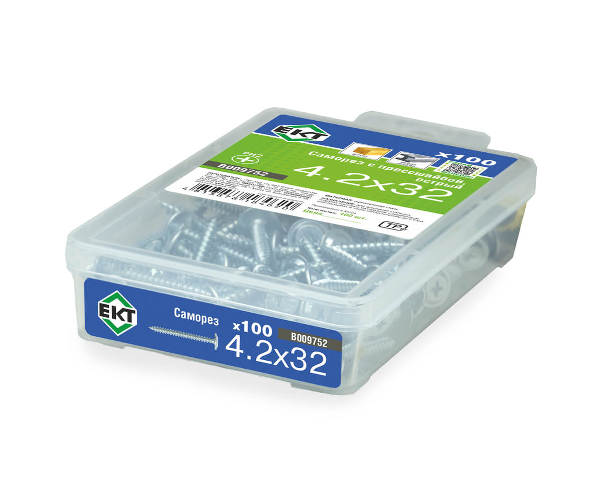 Саморез с прессшайбой, 4.2x32 острый, цинк,в пласт.контейнере, ЕКТ (упак/100шт)