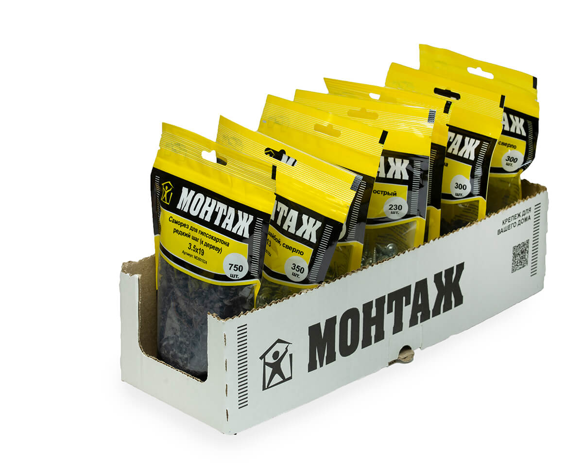Саморез для гипсокартона 3.5x19, редкий шаг (к дереву), фосфат, дой-пак M, МОНТАЖ (пакет/750шт)