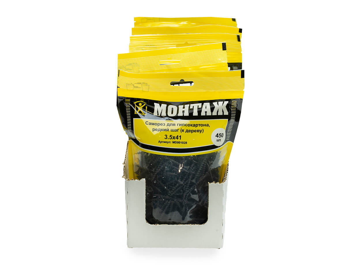 Саморез для гипсокартона 3.5x41, редкий шаг (к дереву), фосфат, дой-пак L, МОНТАЖ (пакет/450шт)
