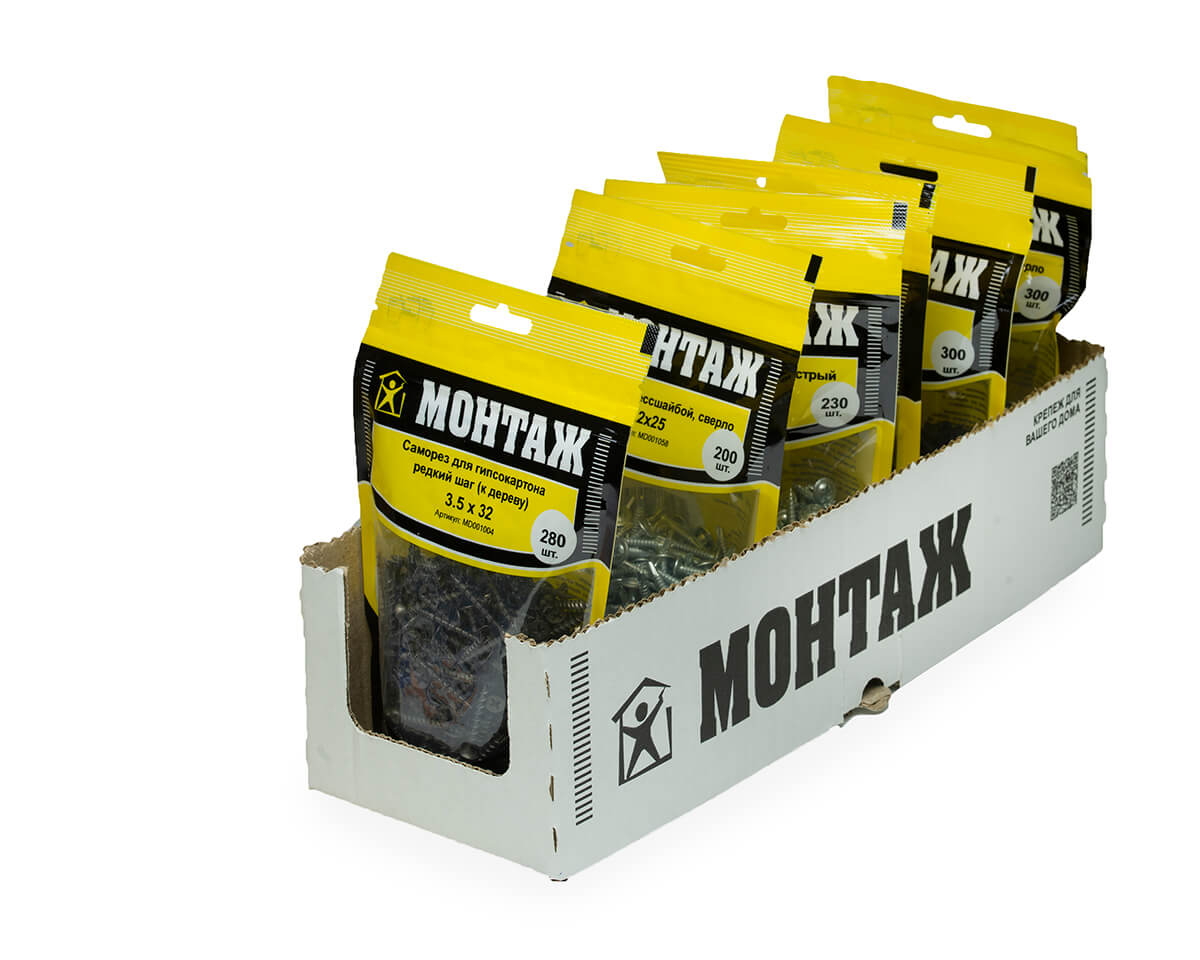 Саморез для гипсокартона 3.5x32, редкий шаг (к дереву), фосфат, дой-пак M, МОНТАЖ (пакет/280шт)