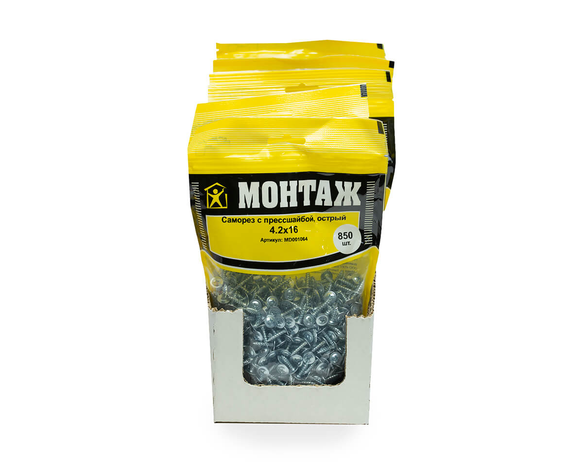 Саморез с прессшайбой 4.2x16, острый, цинк, дой-пак L, МОНТАЖ (пакет/850шт)