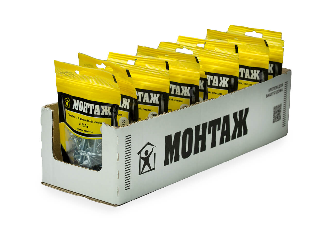 Саморез с прессшайбой 4.2x32, сверло, цинк, дой-пак S, МОНТАЖ (пакет/50шт)