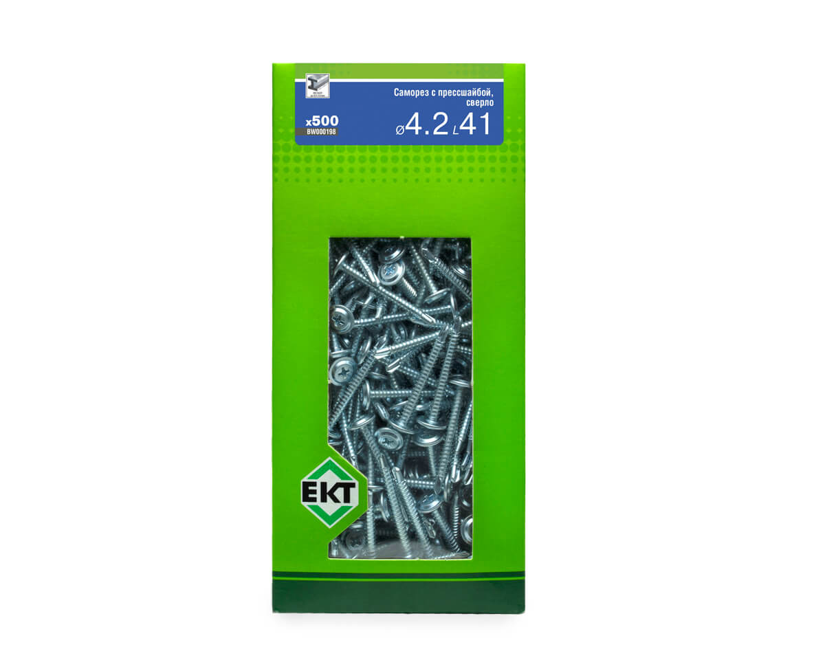 Саморез с прессшайбой, 4.2x41 сверло, цинк, в коробке с окном, ЕКТ (упак/500шт)