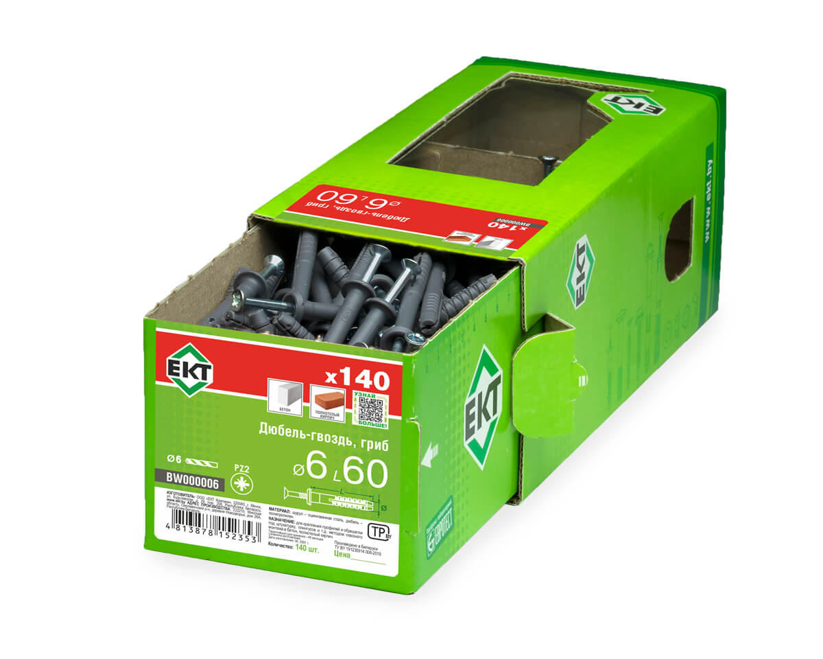 Дюбель-гвоздь GL, 6x60 гриб, п/п, ЕКТ (кор. с окном/140шт)