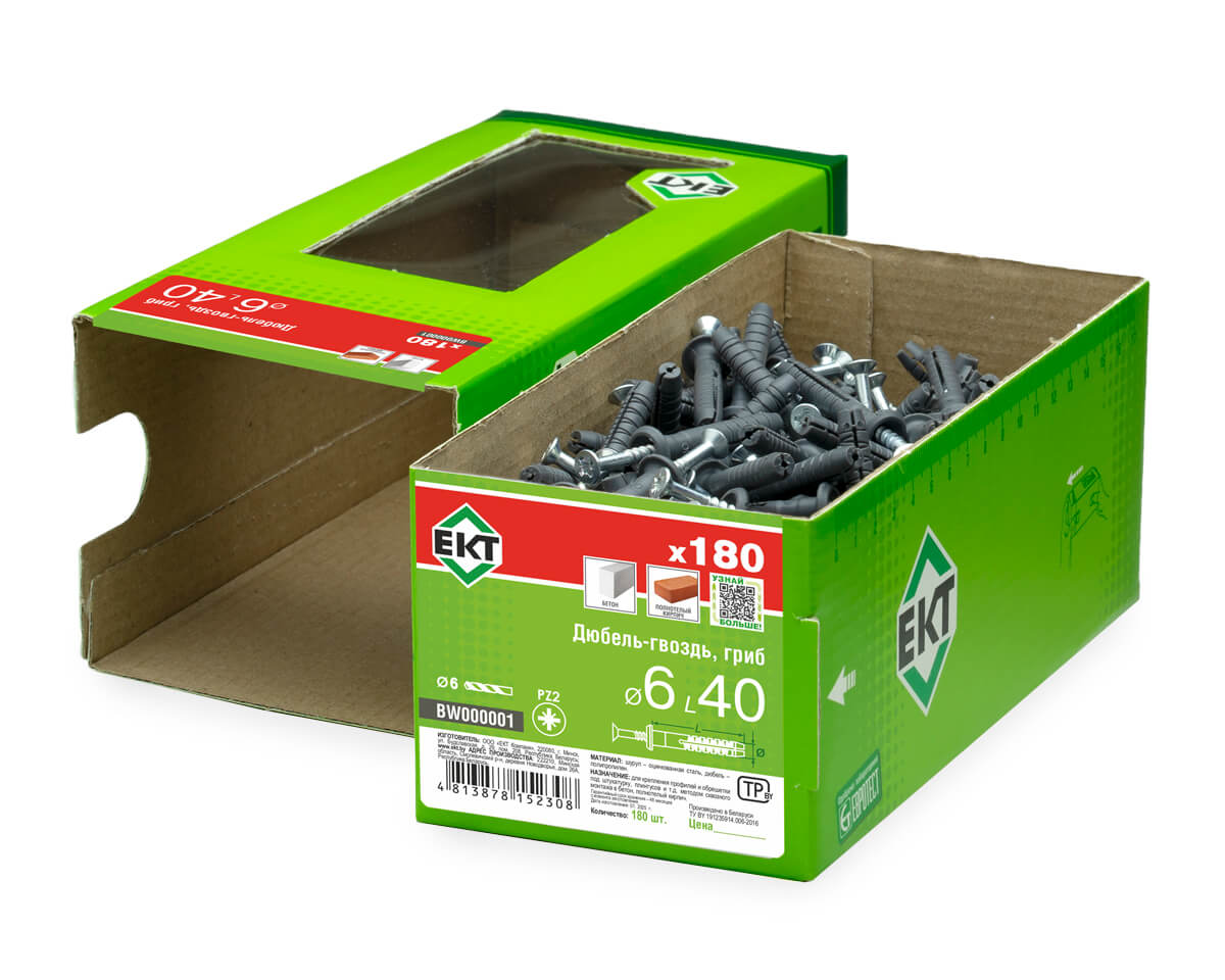 Дюбель-гвоздь GL, 6x40 гриб, п/п, ЕКТ (кор. с окном/180шт)
