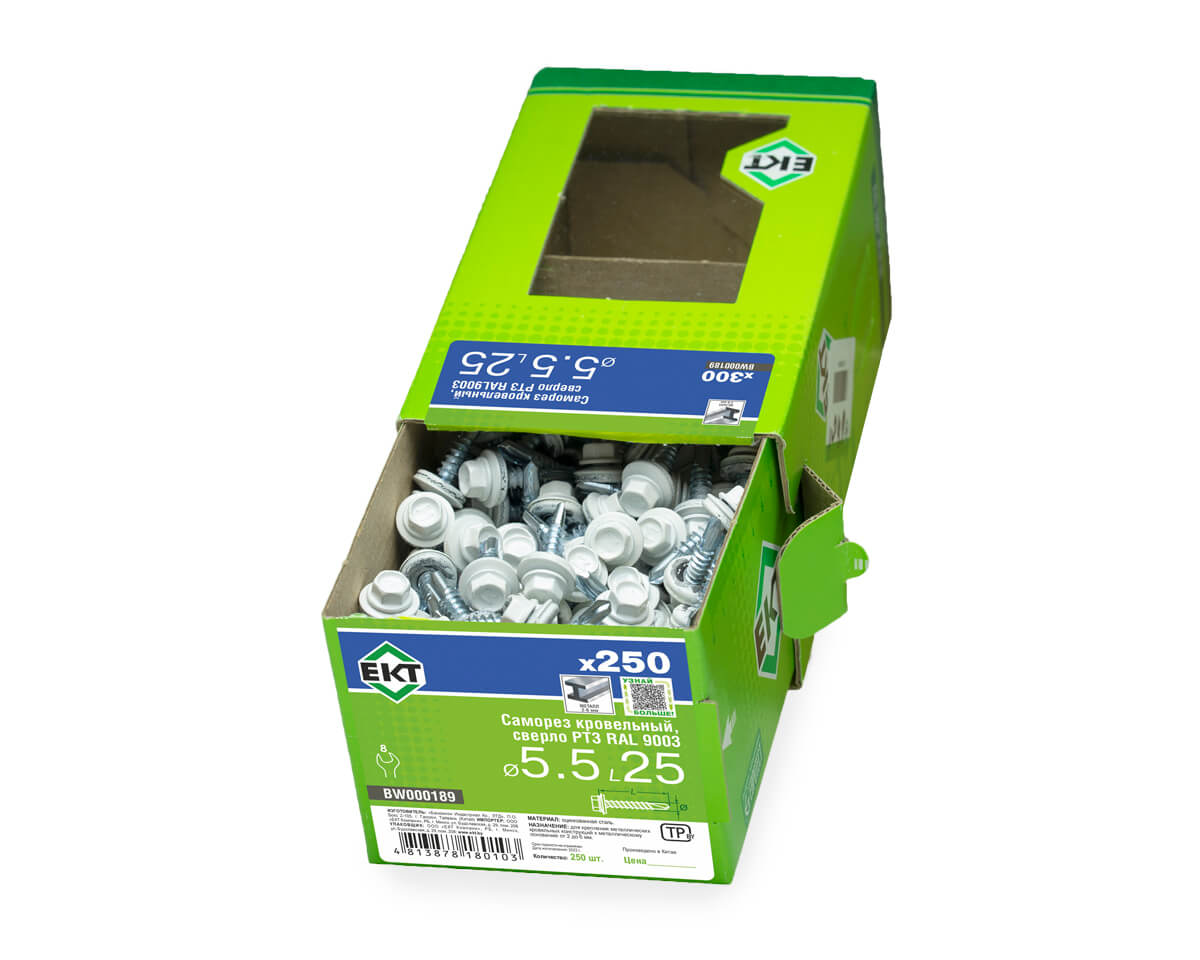 Саморез кровельный с резин. прокл. 5.5x25, сверло PT3, RAL9003, в коробке с окном, ЕКТ (упак/250шт)