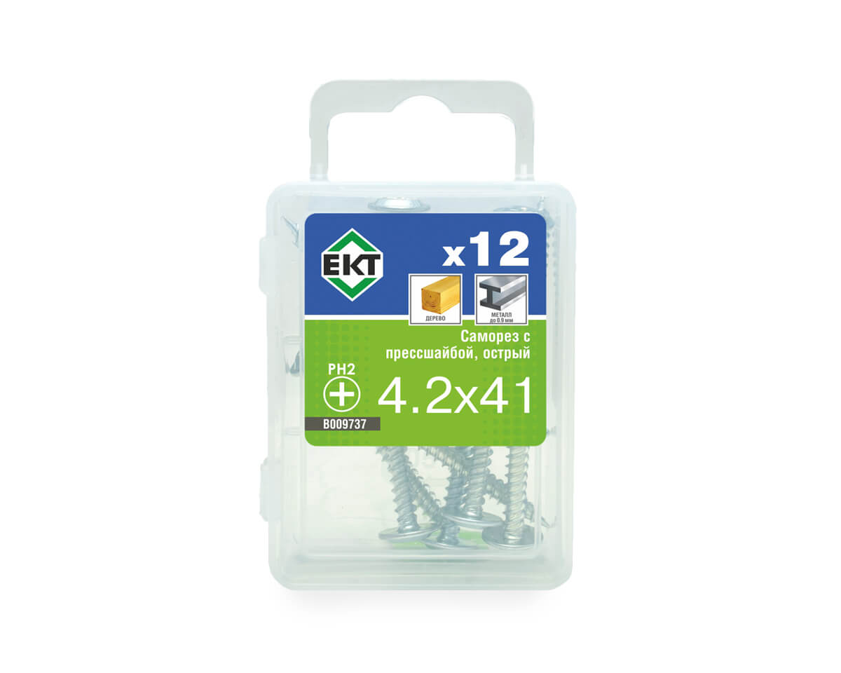 Саморез с прессшайбой, 4.2x41 острый, цинк, ЕКТ (упак/12шт)