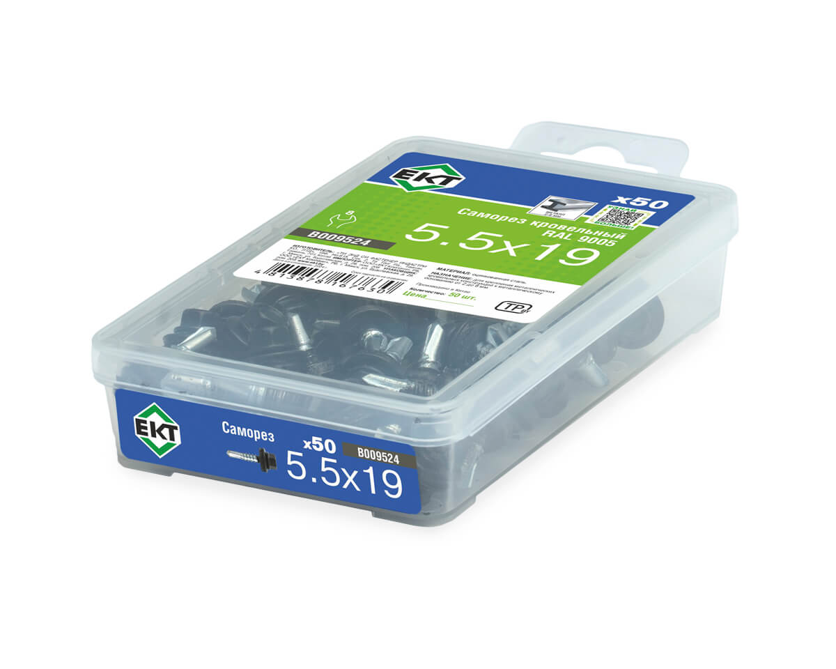 Саморез кровельный с резин. прокл. 5.5х19, сверло РТ3, RAL9005, в пласт. контейнере, ЕКТ (упак/50шт)