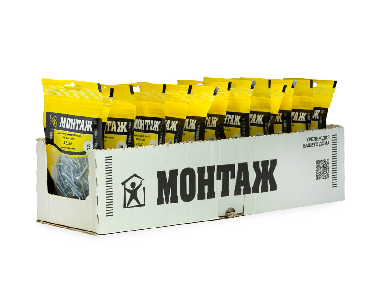 Саморез универсальный 4.5x30, белый цинк, дой-пак S, МОНТАЖ (пакет/60шт)