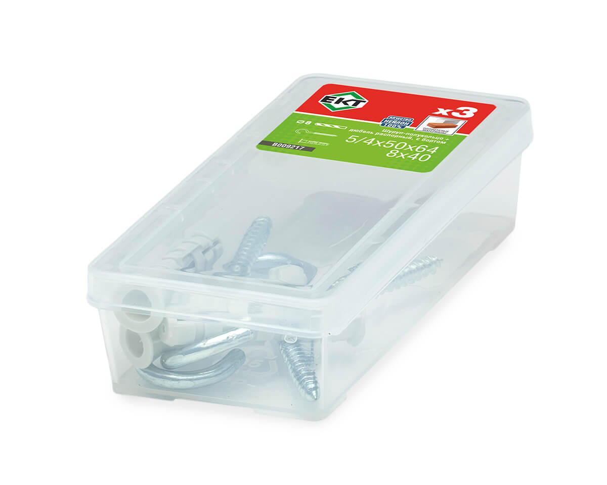 Шуруп-полукольцо 5/4х50х64, оцинкованный + распорный дюбель с бортиком KSD S 8x40, нейлон (упак/3шт)