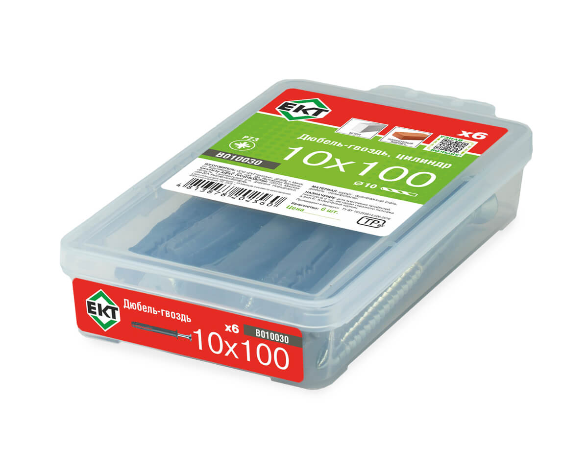 Дюбель-гвоздь GL, 10x100 цилиндр, п/п, ЕКТ (пласт.конт./6шт)