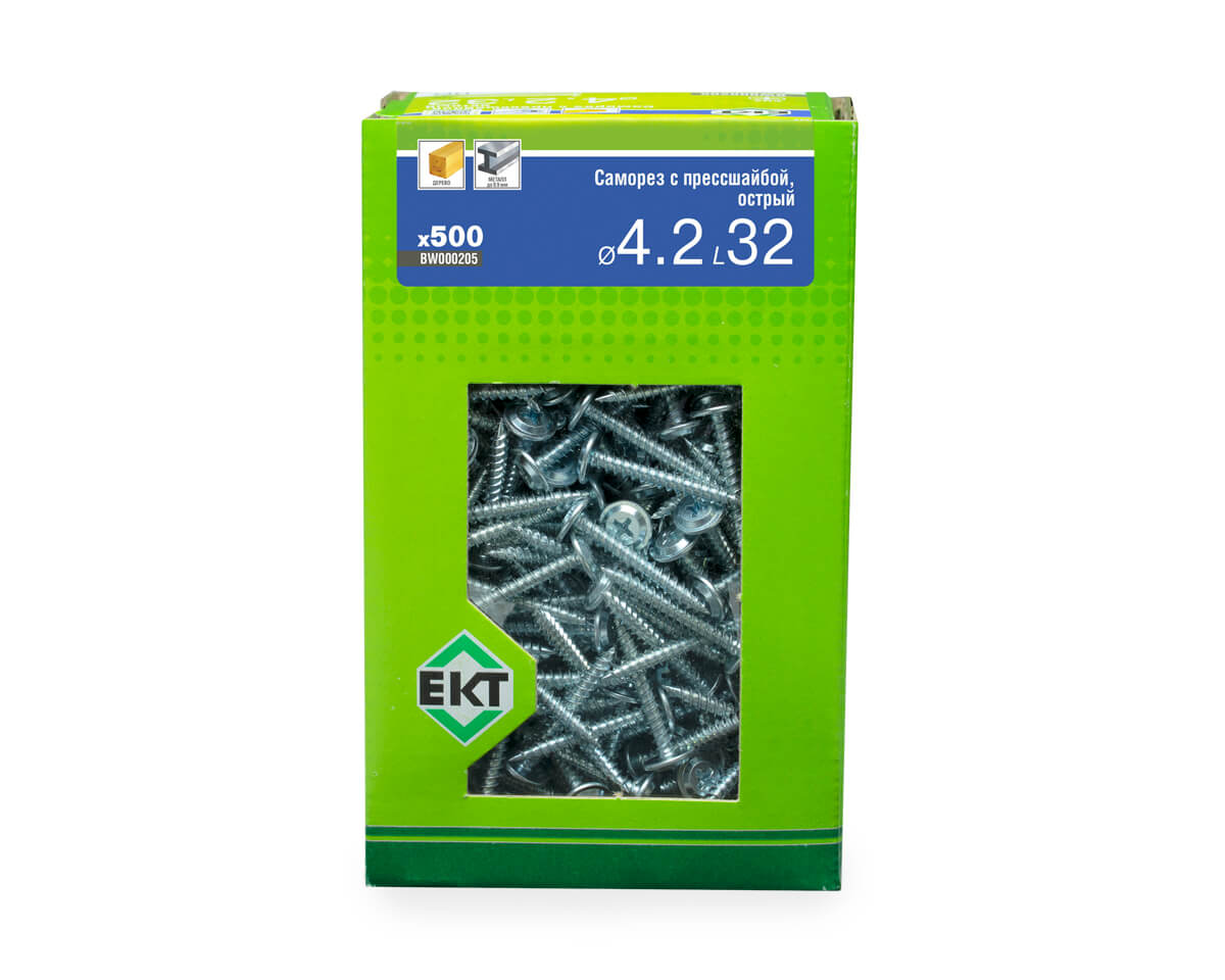 Саморез с прессшайбой, 4.2x32 острый, цинк, в коробке с окном, ЕКТ (упак/500шт)