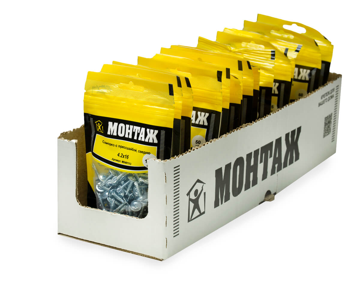 Саморез с прессшайбой 4.2x16, сверло, цинк, дой-пак S, МОНТАЖ (пакет/100шт)