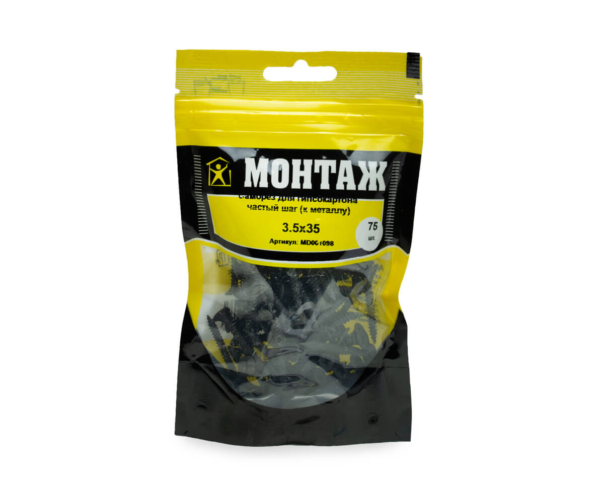 Саморез для гипсокартона 3.5x35, частый шаг (к металлу), фосфат, дой-пак S, МОНТАЖ (пакет/75шт)