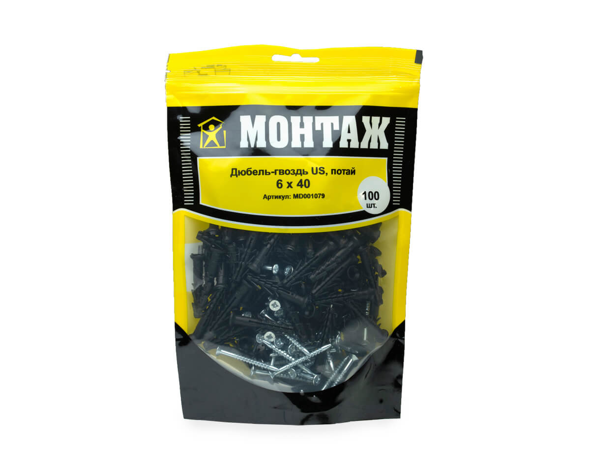 Дюбель-гвоздь US, 6x40 потай, п/в, МОНТАЖ (дой-пак L/100шт)