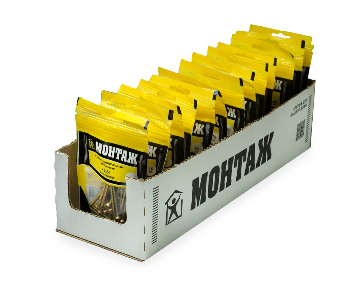 Саморез универсальный 4.0x50, желтый цинк, дой-пак S, МОНТАЖ (пакет/30шт)
