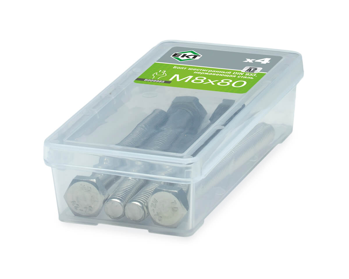 Болт с шестигранной головкой M8х80, DIN933, НЕРЖ. СТАЛЬ, ЕКТ (упак/4шт)