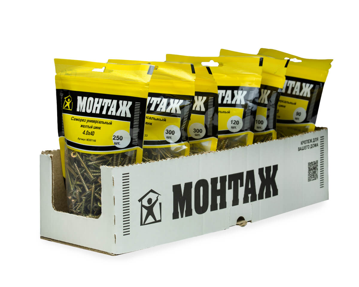 Саморез универсальный 4.0x40, желтый цинк, дой-пак M, МОНТАЖ (пакет/250шт)