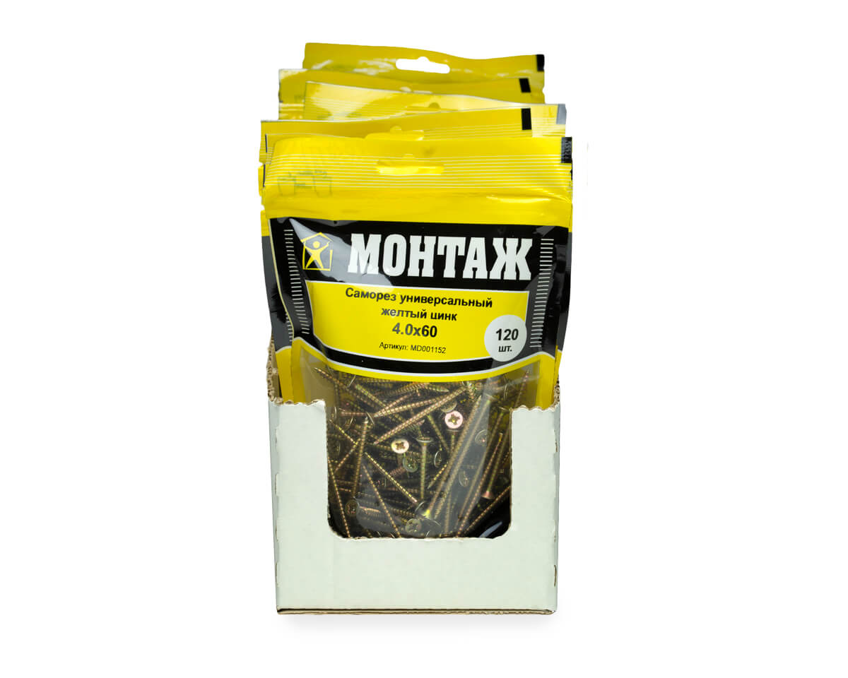 Саморез универсальный 4.0x60, желтый цинк, дой-пак M, МОНТАЖ (пакет/120шт)