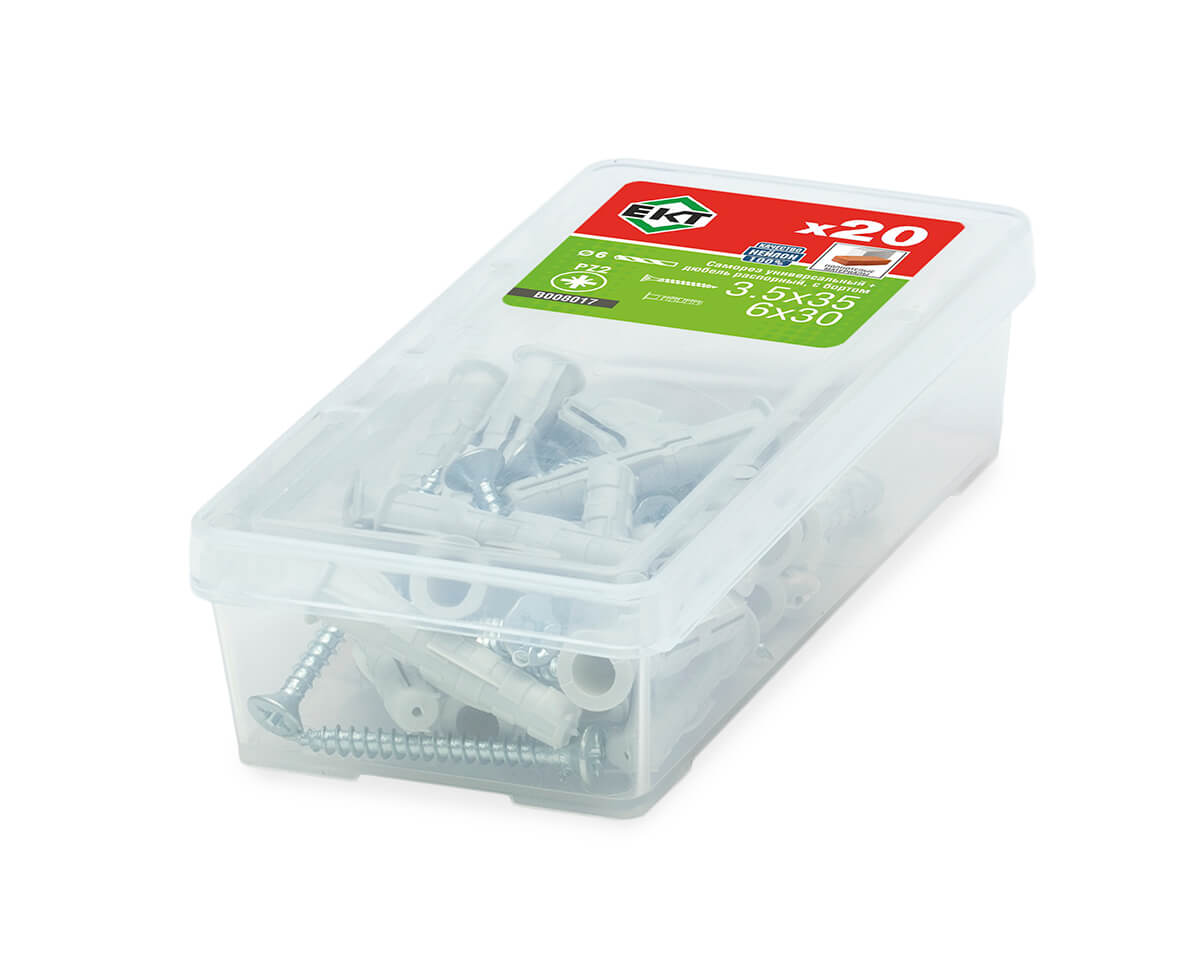 Саморез, белый цинк 3,5х35 + распорный дюбель с бортом KSD S 6х30, нейлон (упак/20шт)