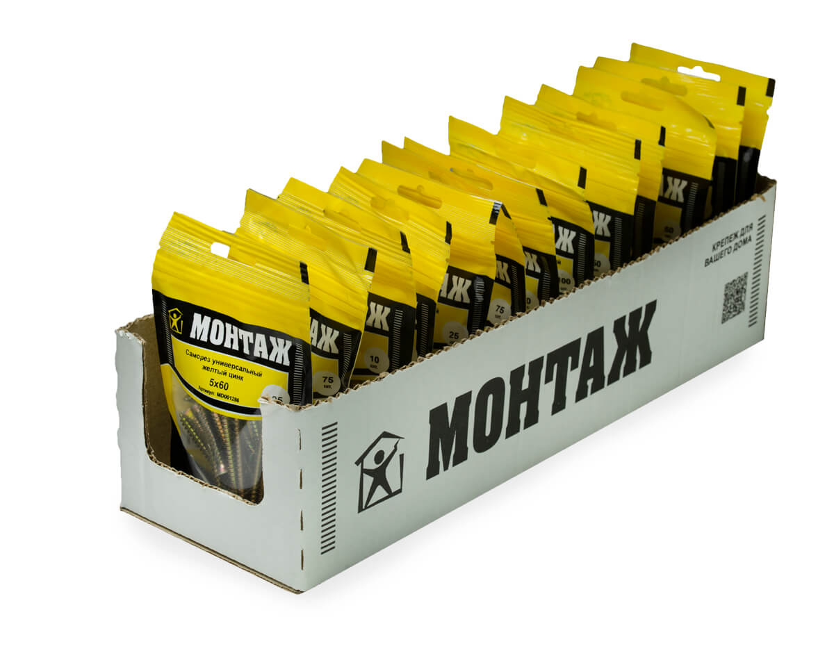 Саморез универсальный 5.0x60, желтый цинк, дой-пак S, МОНТАЖ (пакет/25шт)