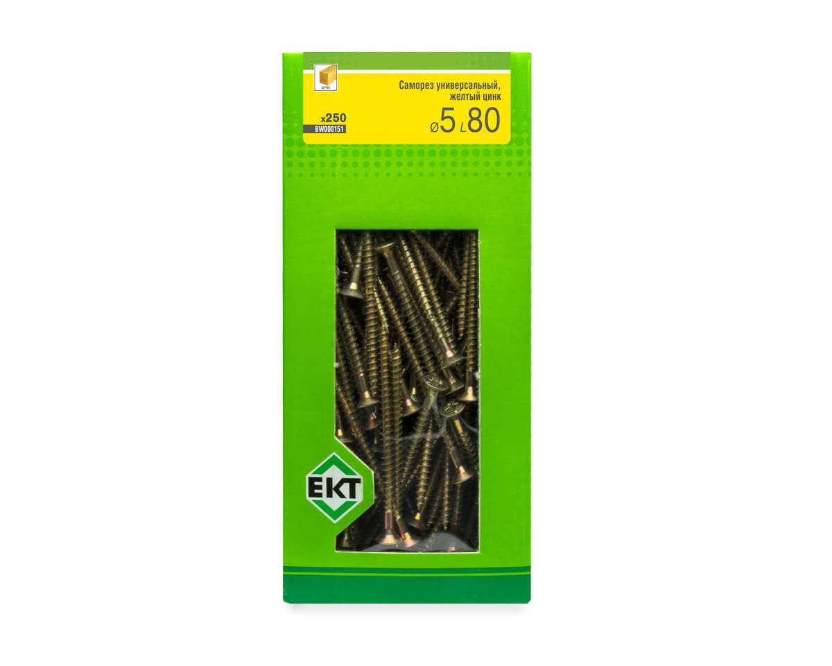 Саморез универсальный 5.0х80, желтый цинк, в коробке с окном, ЕКТ (упак/250шт)