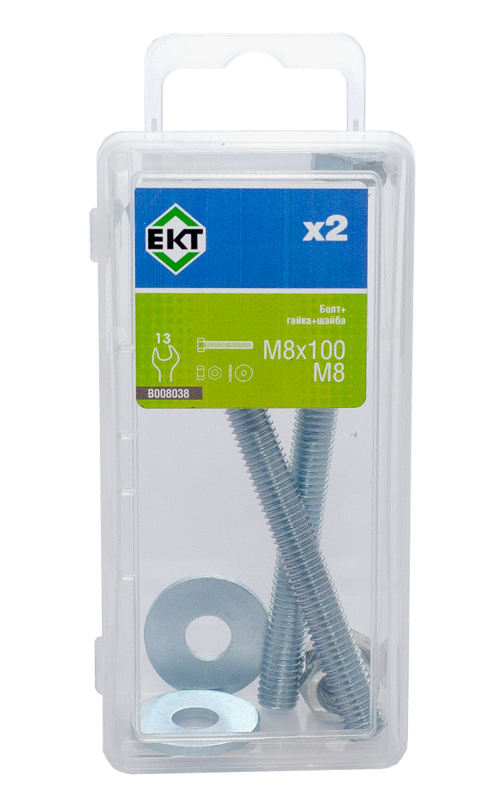 Болт с 6-гран. гол. M8х100, DIN933 в компл. с гайкой и усиленной шайбой М8, цинк (упак/2шт)