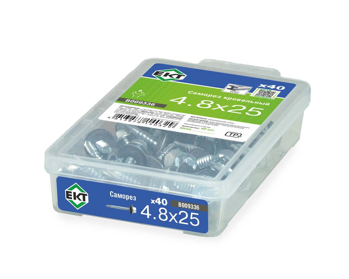 Саморез кровельный 4,8х25 сверло, цинк, с резиновой прокладкой, в пласт. контейнере (упак/40шт)