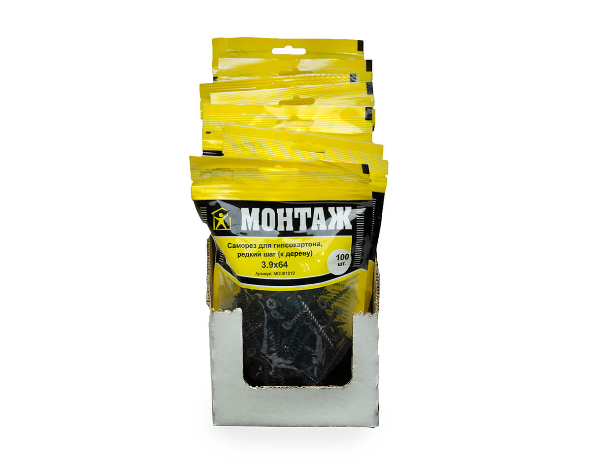 Саморез для гипсокартона 3.9x64, редкий шаг (к дереву), фосфат, дой-пак M, МОНТАЖ (пакет/100шт)