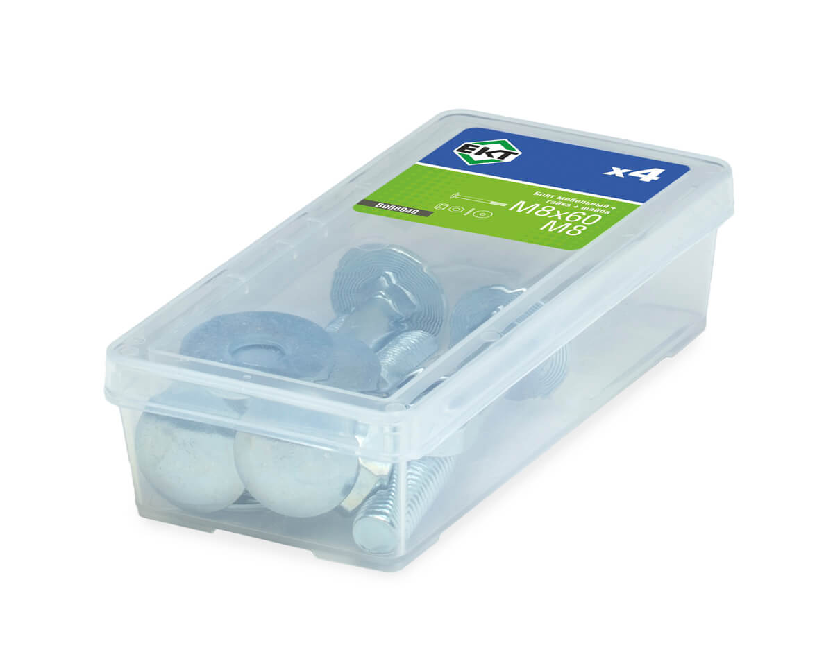 Болт меб. M8х60, DIN603 в компл. с гайкой с контр. кольцом и усил. шайбой М8, цинк (упак/4шт)