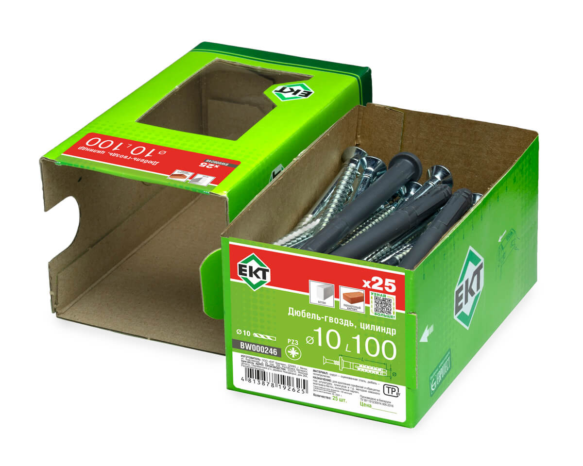 Дюбель-гвоздь GL, 10x100 цилиндр, п/п, ЕКТ (кор. с окном/25шт)