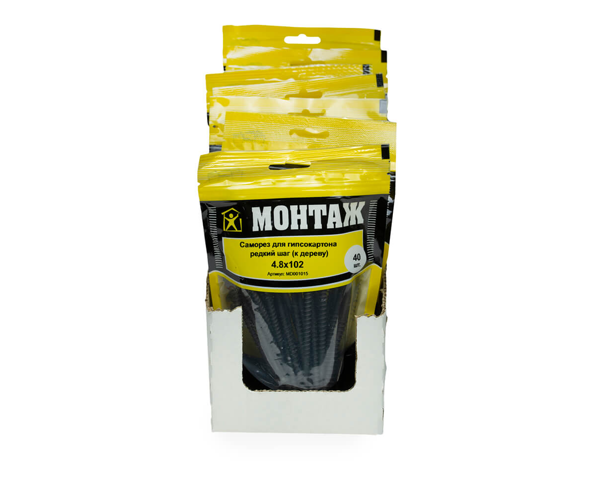 Саморез для гипсокартона 4.8x102, редкий шаг (к дереву), фосфат, дой-пак M, МОНТАЖ (пакет/40шт)