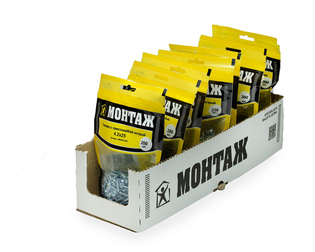 Саморез с прессшайбой 4.2x25, острый, цинк, дой-пак M, МОНТАЖ (пакет/200шт)