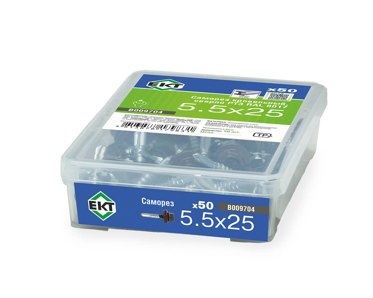 Саморез кровельный с резин. прокл. 5.5x25, сверло РТ3, RAL8017, в пласт. контейнере, ЕКТ (упак/50шт)