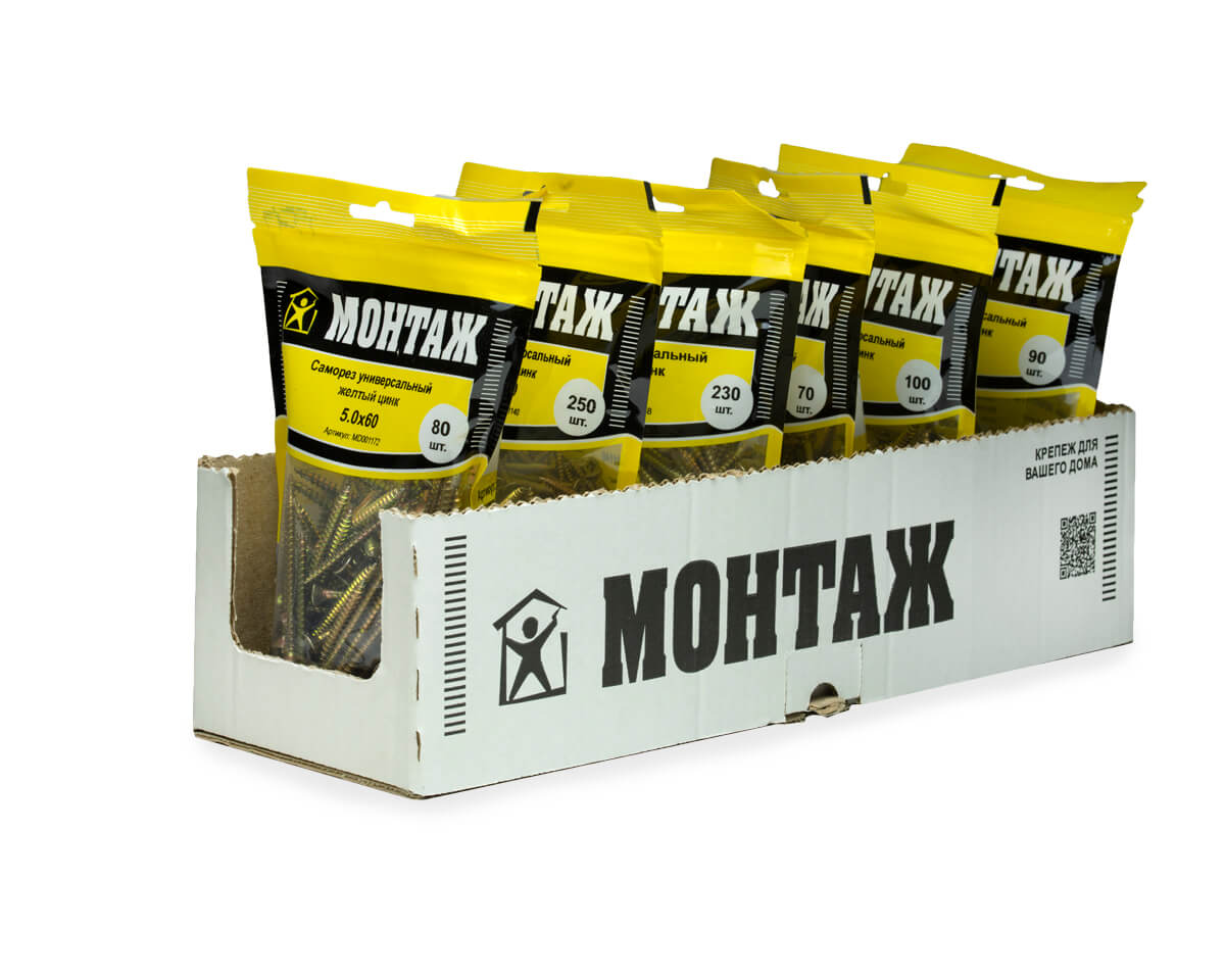 Саморез универсальный 5.0x60, желтый цинк, дой-пак M, МОНТАЖ (пакет/80шт)