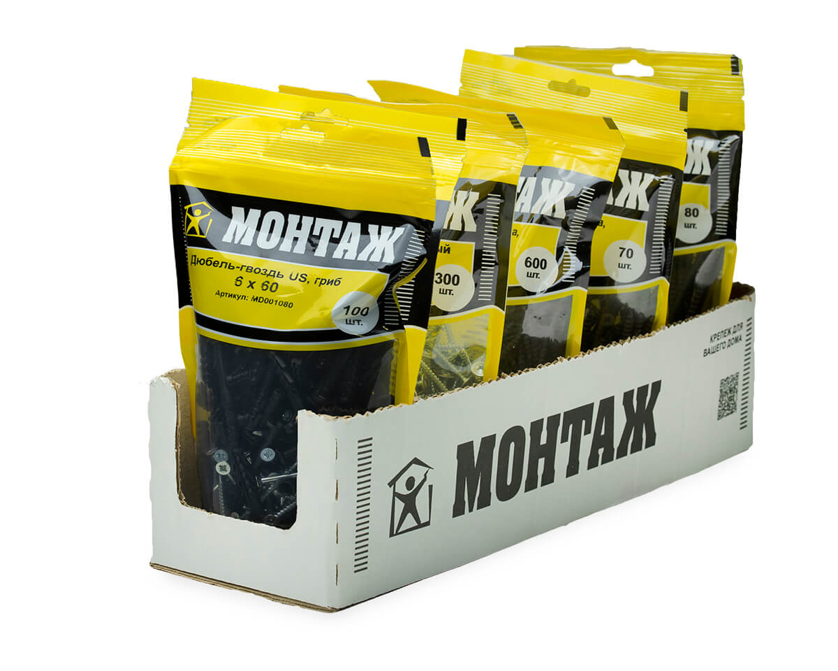 Дюбель-гвоздь US, 6x60 гриб, п/в, МОНТАЖ (дой-пак L/100шт)