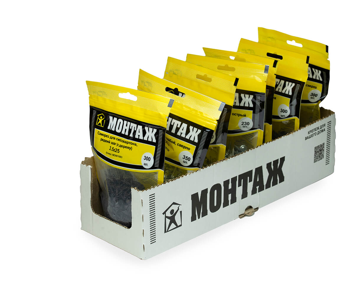 Саморез для гипсокартона 3.5x25, редкий шаг (к дереву), фосфат, дой-пак M, МОНТАЖ (пакет/300шт)
