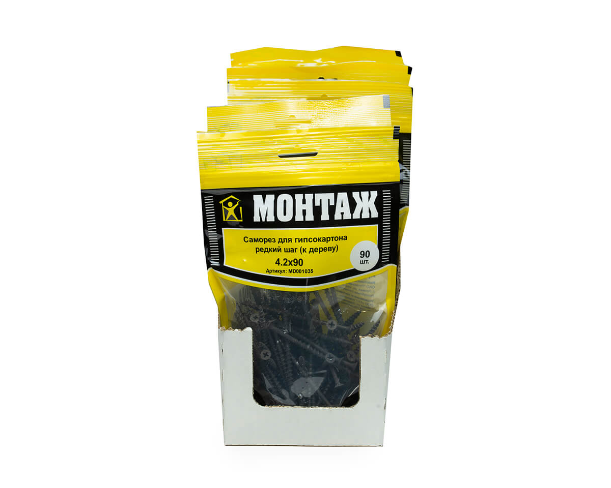 Саморез для гипсокартона 4.2x90, редкий шаг (к дереву), фосфат, дой-пак L, МОНТАЖ (пакет/90шт)